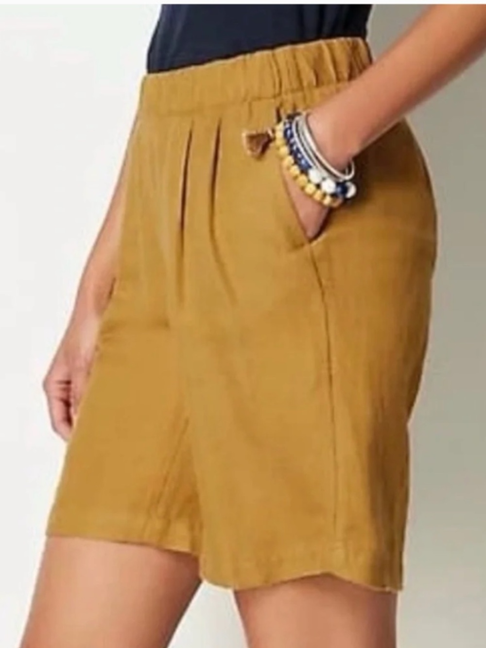 Mustard Linen Rayon Blend Elastic Waist Shorts